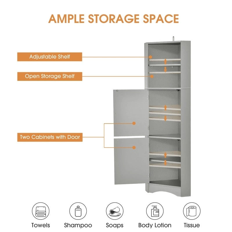 Meuble d'angle haut de maison avec 2 portes et 2 étagères extérieures, meuble de rangement autonome avec étagères réglables