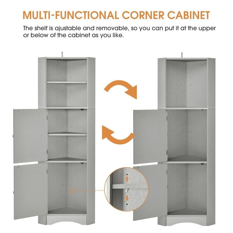Meuble d'angle haut de maison avec 2 portes et 2 étagères extérieures, meuble de rangement autonome avec étagères réglables