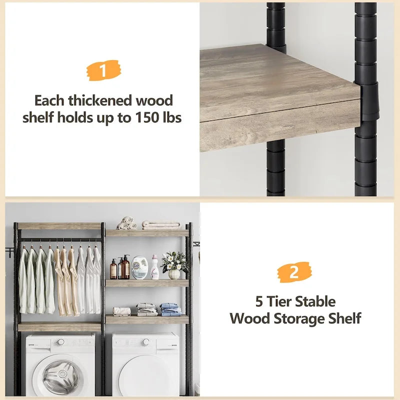 Étagère de rangement en bois à 5 niveaux pour machine à laver et sèche-linge