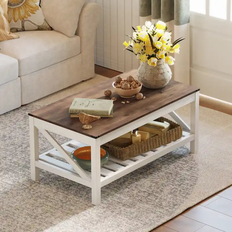 Table basse à 2 niveaux avec étagère de rangement