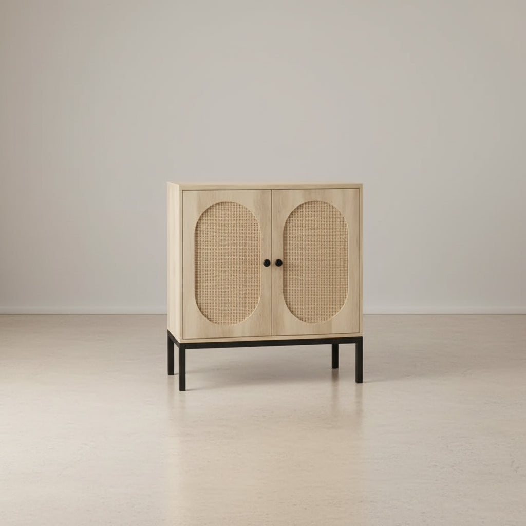 Meuble de rangement en rotin beige avec portes et étagères