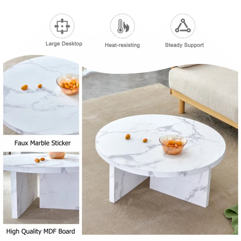 Une table basse à motifs circulaires en MDF blanc, adaptée aux petits espaces et aux salons.