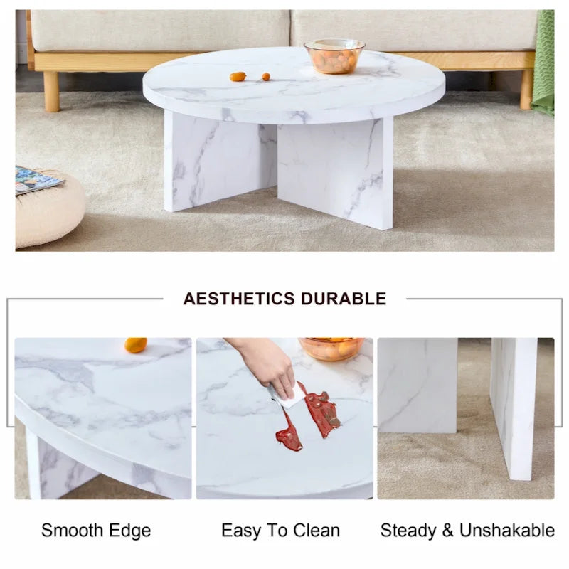 Une table basse à motifs circulaires en MDF blanc, adaptée aux petits espaces et aux salons.
