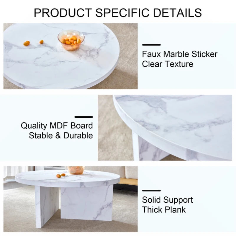 Une table basse à motifs circulaires en MDF blanc, adaptée aux petits espaces et aux salons.