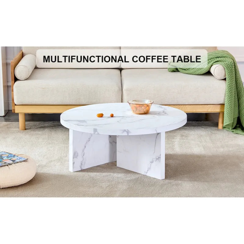 Une table basse à motifs circulaires en MDF blanc, adaptée aux petits espaces et aux salons.