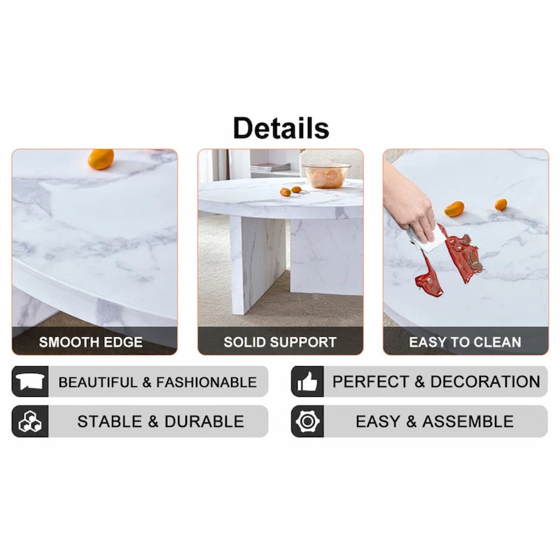 Une table basse à motifs circulaires en MDF blanc, adaptée aux petits espaces et aux salons.