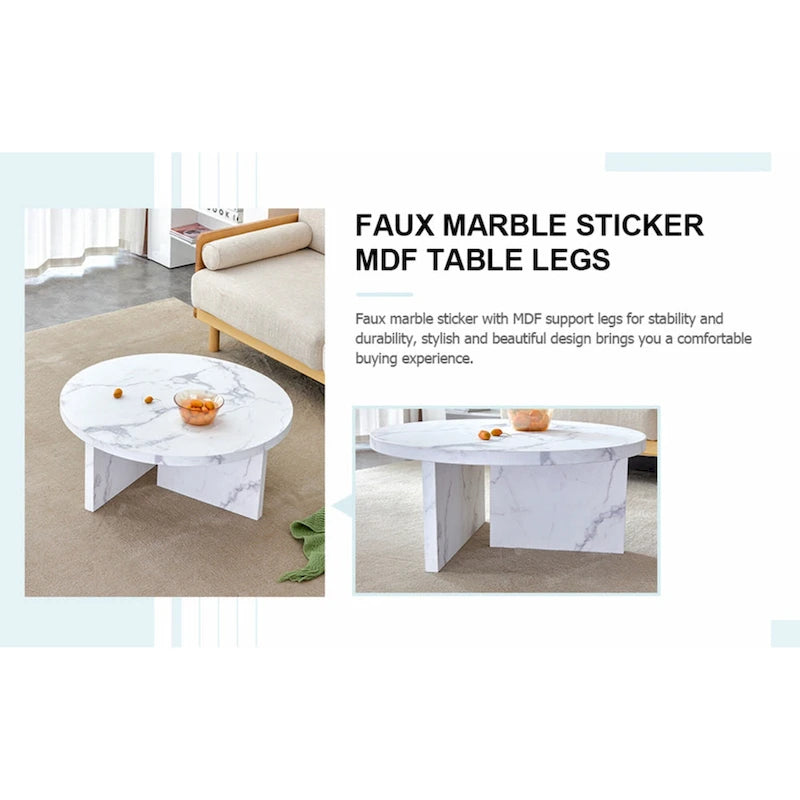 Une table basse à motifs circulaires en MDF blanc, adaptée aux petits espaces et aux salons.