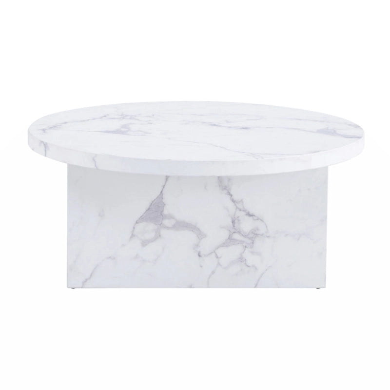 Une table basse à motifs circulaires en MDF blanc, adaptée aux petits espaces et aux salons.