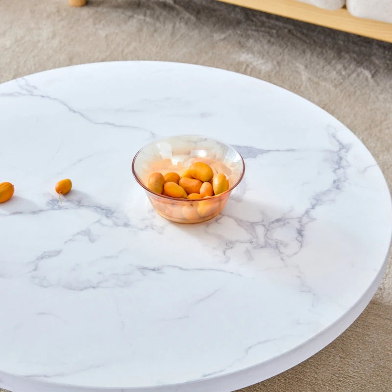 Une table basse à motifs circulaires en MDF blanc, adaptée aux petits espaces et aux salons.