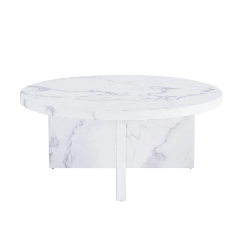 Une table basse à motifs circulaires en MDF blanc, adaptée aux petits espaces et aux salons.