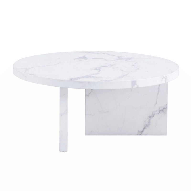 Une table basse à motifs circulaires en MDF blanc, adaptée aux petits espaces et aux salons.