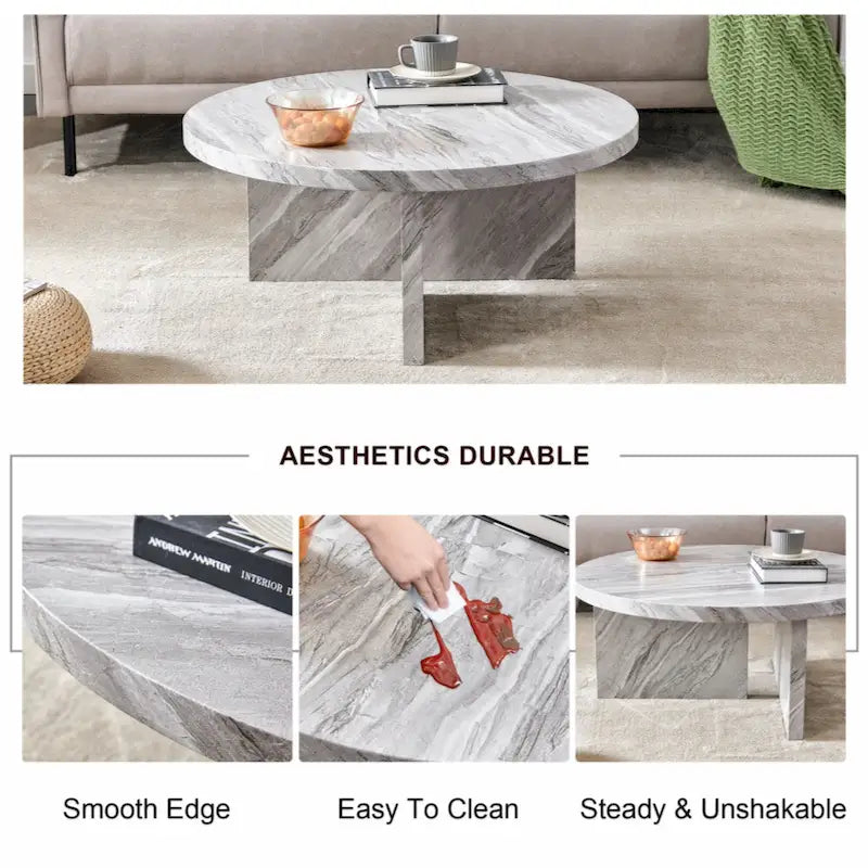 Une table basse à motifs circulaires en MDF blanc, adaptée aux petits espaces et aux salons.