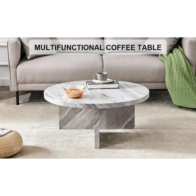 Une table basse à motifs circulaires en MDF blanc, adaptée aux petits espaces et aux salons.
