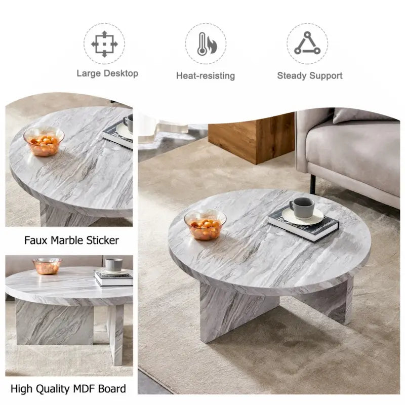 Une table basse à motifs circulaires en MDF blanc, adaptée aux petits espaces et aux salons.