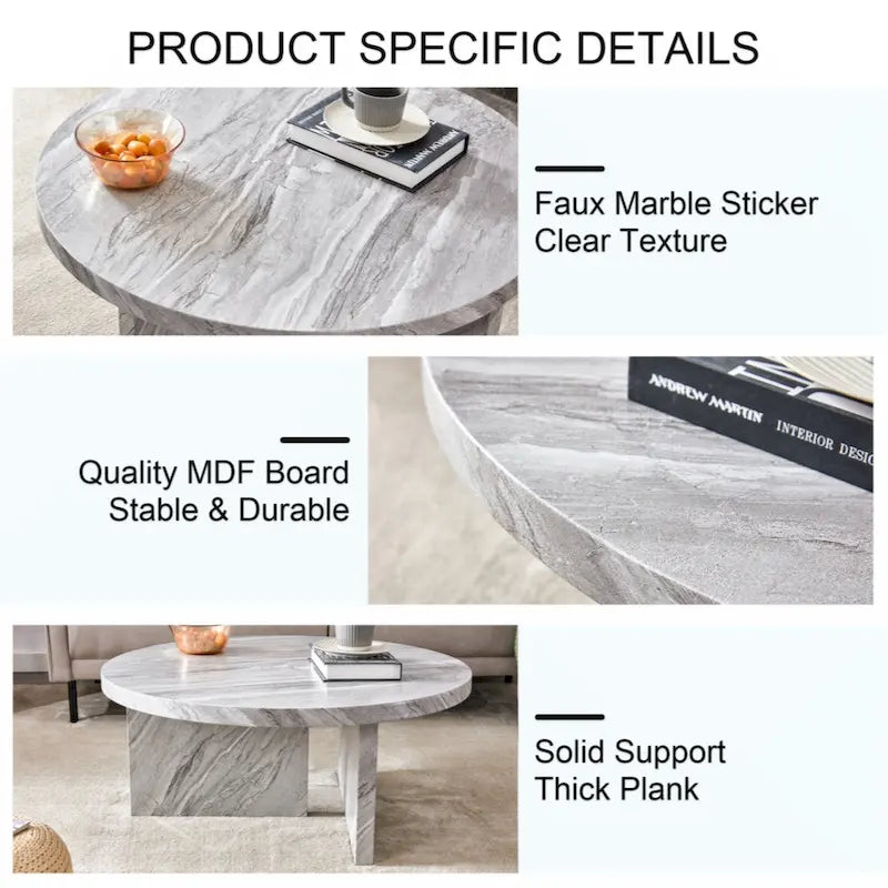 Une table basse à motifs circulaires en MDF blanc, adaptée aux petits espaces et aux salons.