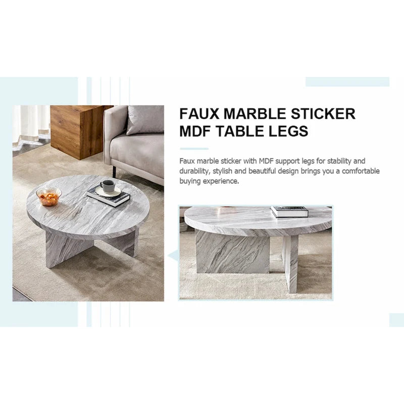 Une table basse à motifs circulaires en MDF blanc, adaptée aux petits espaces et aux salons.