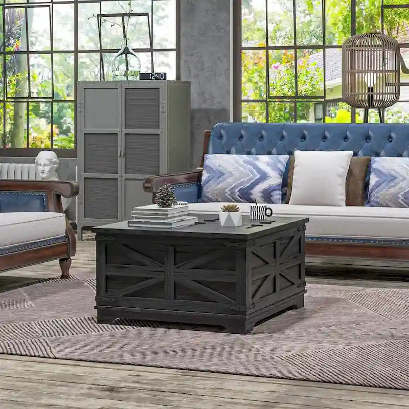 Table basse de ferme avec rangement, table de salon avec plateau relevable à charnière et espace de rangement caché, table basse carrée