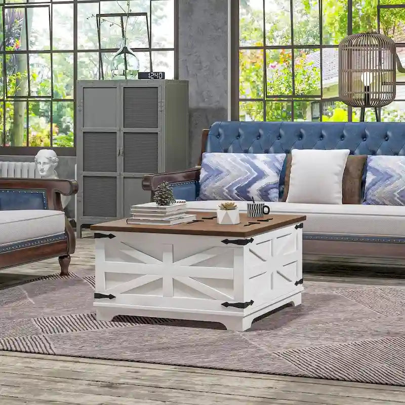 Table basse de ferme avec rangement, table de salon avec plateau relevable à charnière et espace de rangement caché, table basse carrée