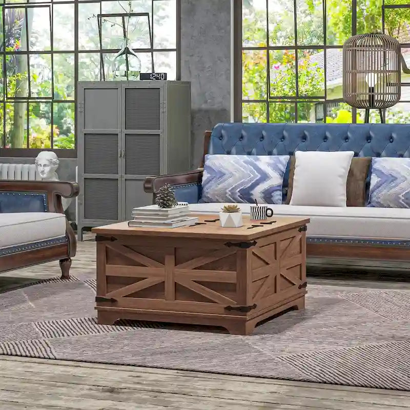 Table basse de ferme avec rangement, table de salon avec plateau relevable à charnière et espace de rangement caché, table basse carrée
