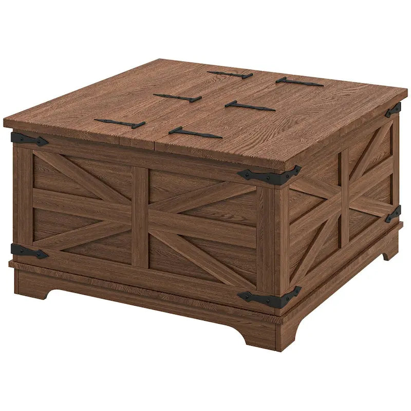 Table basse de ferme avec rangement, table de salon avec plateau relevable à charnière et espace de rangement caché, table basse carrée