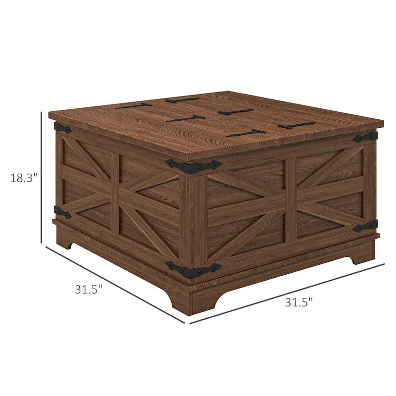 Table basse de ferme avec rangement, table de salon avec plateau relevable à charnière et espace de rangement caché, table basse carrée