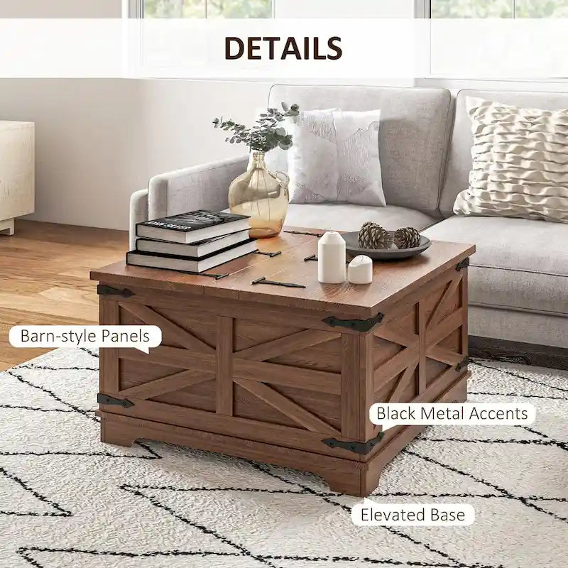Table basse de ferme avec rangement, table de salon avec plateau relevable à charnière et espace de rangement caché, table basse carrée