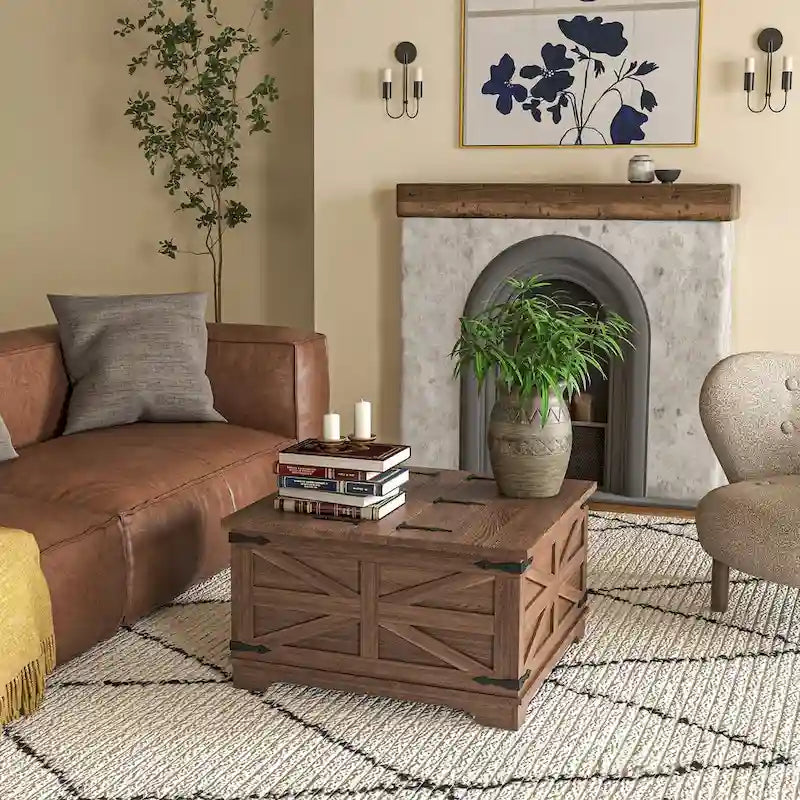 Table basse de ferme avec rangement, table de salon avec plateau relevable à charnière et espace de rangement caché, table basse carrée