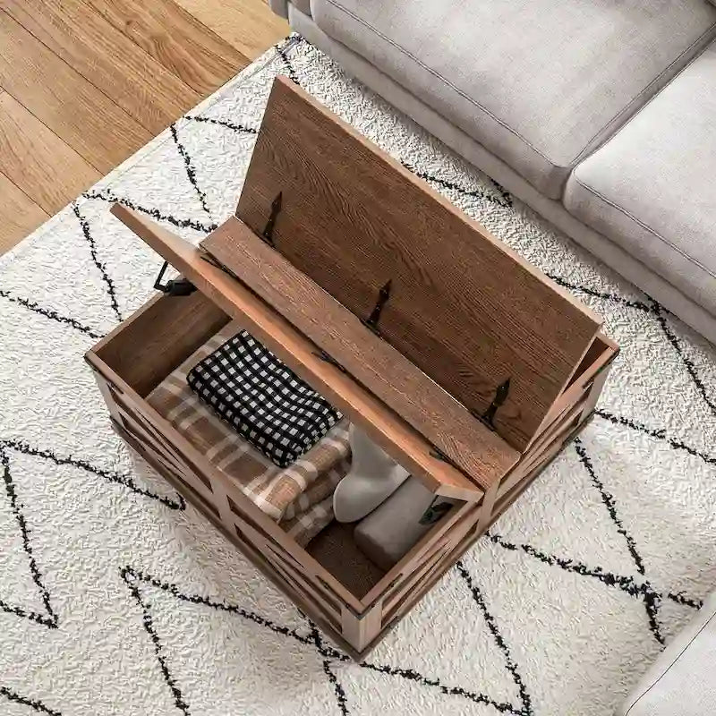 Table basse de ferme avec rangement, table de salon avec plateau relevable à charnière et espace de rangement caché, table basse carrée