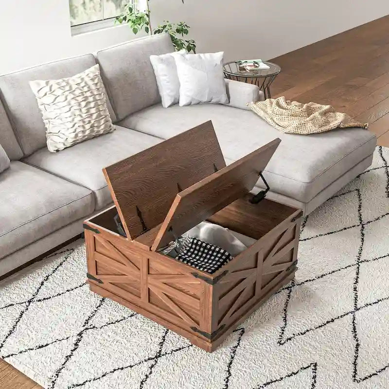 Table basse de ferme avec rangement, table de salon avec plateau relevable à charnière et espace de rangement caché, table basse carrée