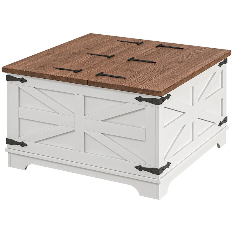 Table basse de ferme avec rangement, table de salon avec plateau relevable à charnière et espace de rangement caché, table basse carrée
