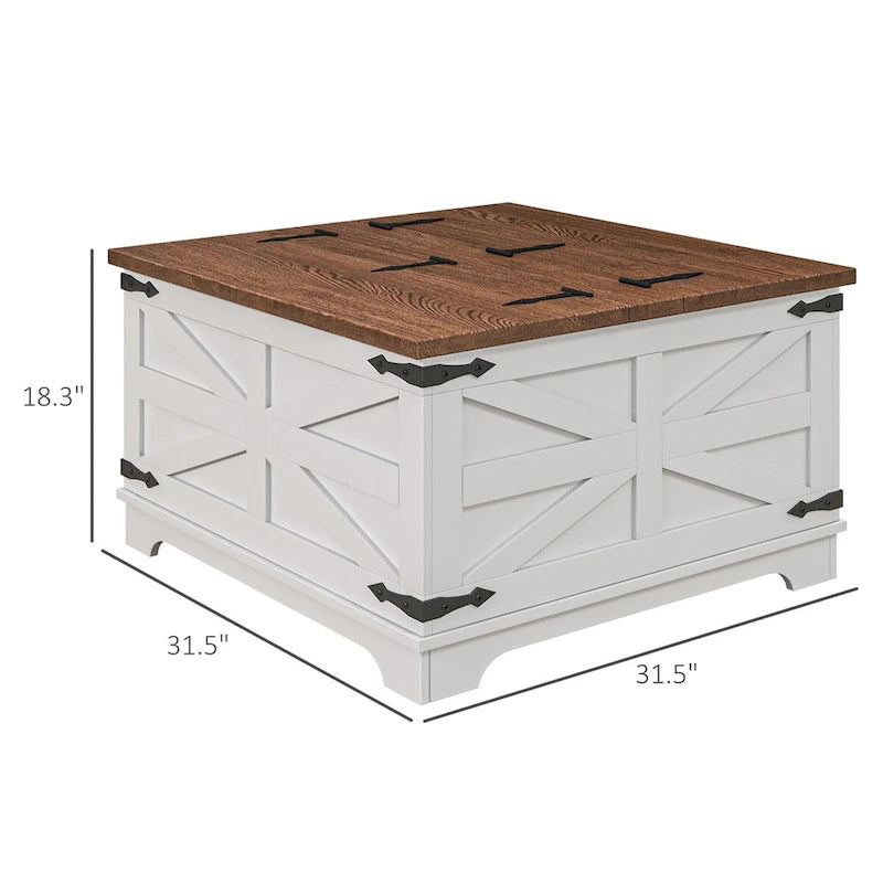 Table basse de ferme avec rangement, table de salon avec plateau relevable à charnière et espace de rangement caché, table basse carrée