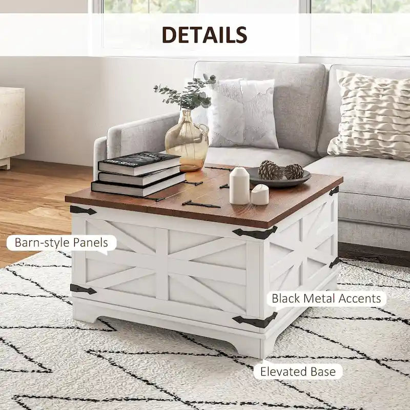 Table basse de ferme avec rangement, table de salon avec plateau relevable à charnière et espace de rangement caché, table basse carrée