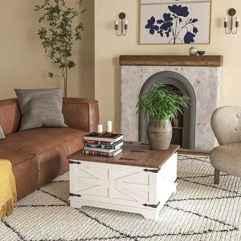 Table basse de ferme avec rangement, table de salon avec plateau relevable à charnière et espace de rangement caché, table basse carrée