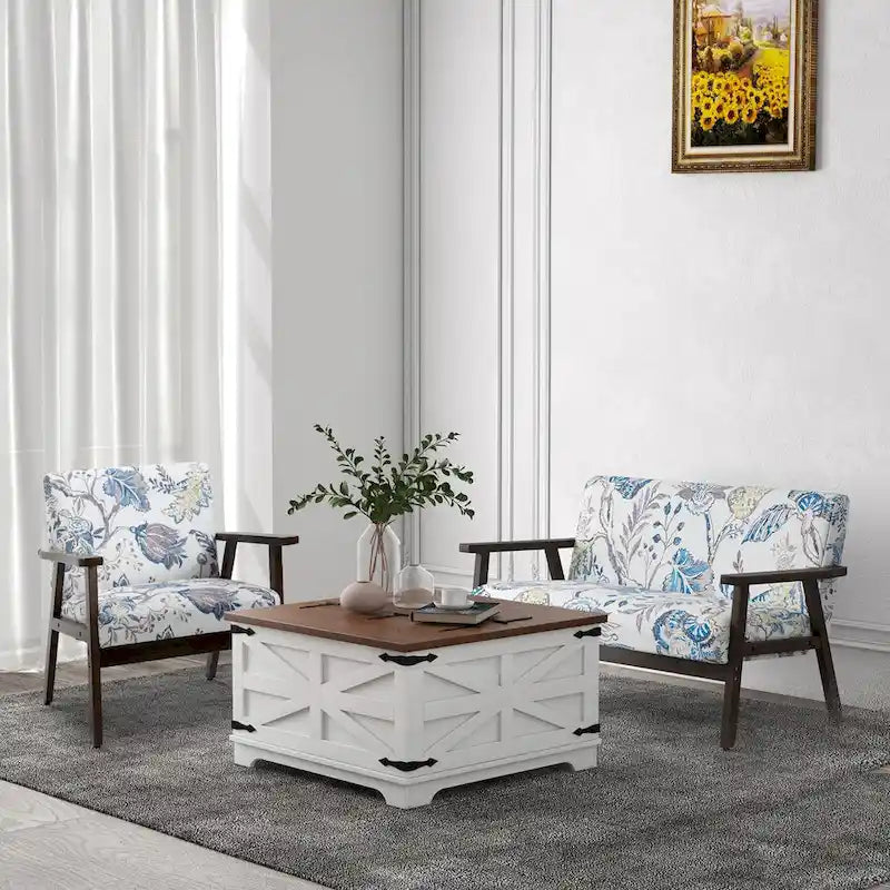 Table basse de ferme avec rangement, table de salon avec plateau relevable à charnière et espace de rangement caché, table basse carrée