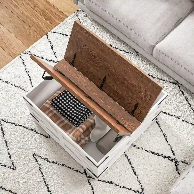 Table basse de ferme avec rangement, table de salon avec plateau relevable à charnière et espace de rangement caché, table basse carrée