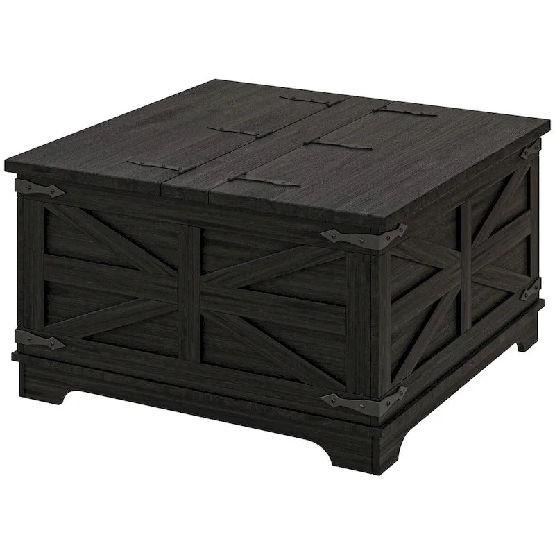 Table basse de ferme avec rangement, table de salon avec plateau relevable à charnière et espace de rangement caché, table basse carrée
