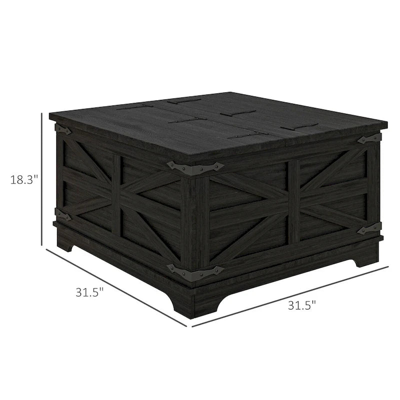 Table basse de ferme avec rangement, table de salon avec plateau relevable à charnière et espace de rangement caché, table basse carrée