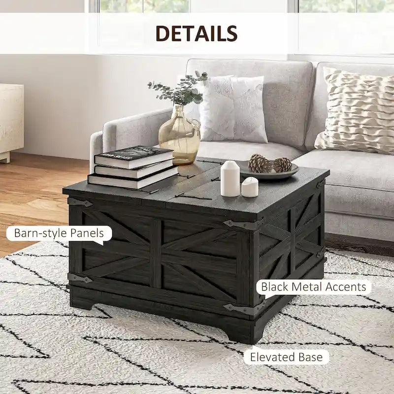 Table basse de ferme avec rangement, table de salon avec plateau relevable à charnière et espace de rangement caché, table basse carrée