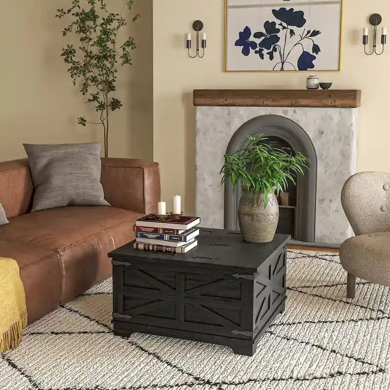 Table basse de ferme avec rangement, table de salon avec plateau relevable à charnière et espace de rangement caché, table basse carrée