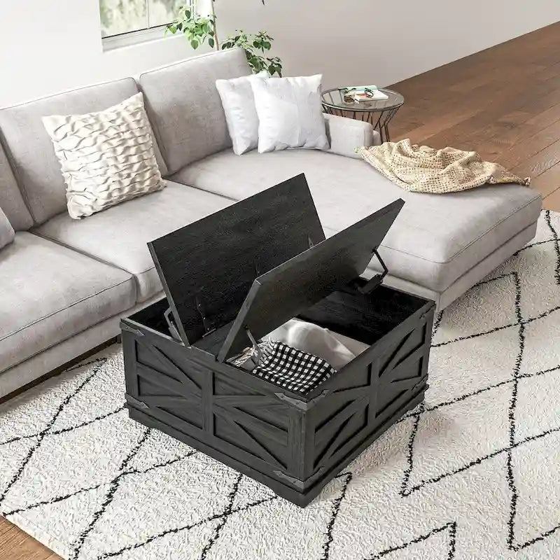 Table basse de ferme avec rangement, table de salon avec plateau relevable à charnière et espace de rangement caché, table basse carrée