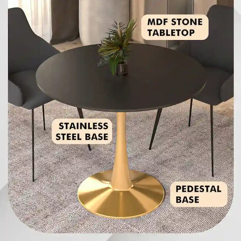 Table à manger ronde de 35" pour 4 personnes avec plateau en MDF et base en acier doré, pour cuisine et salle à manger