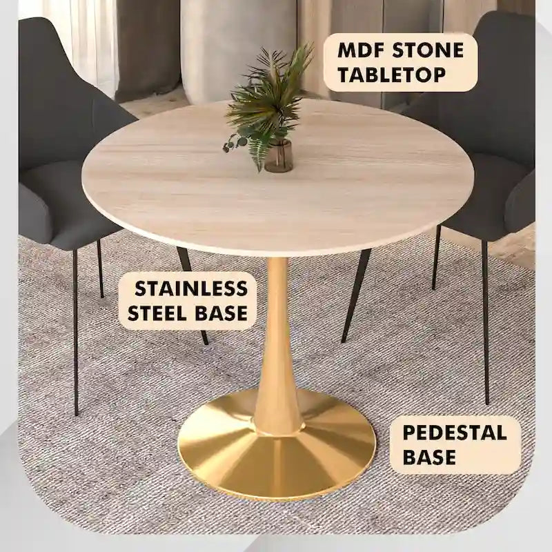 Table à manger ronde de 35" pour 4 personnes avec plateau en MDF et base en acier doré, pour cuisine et salle à manger