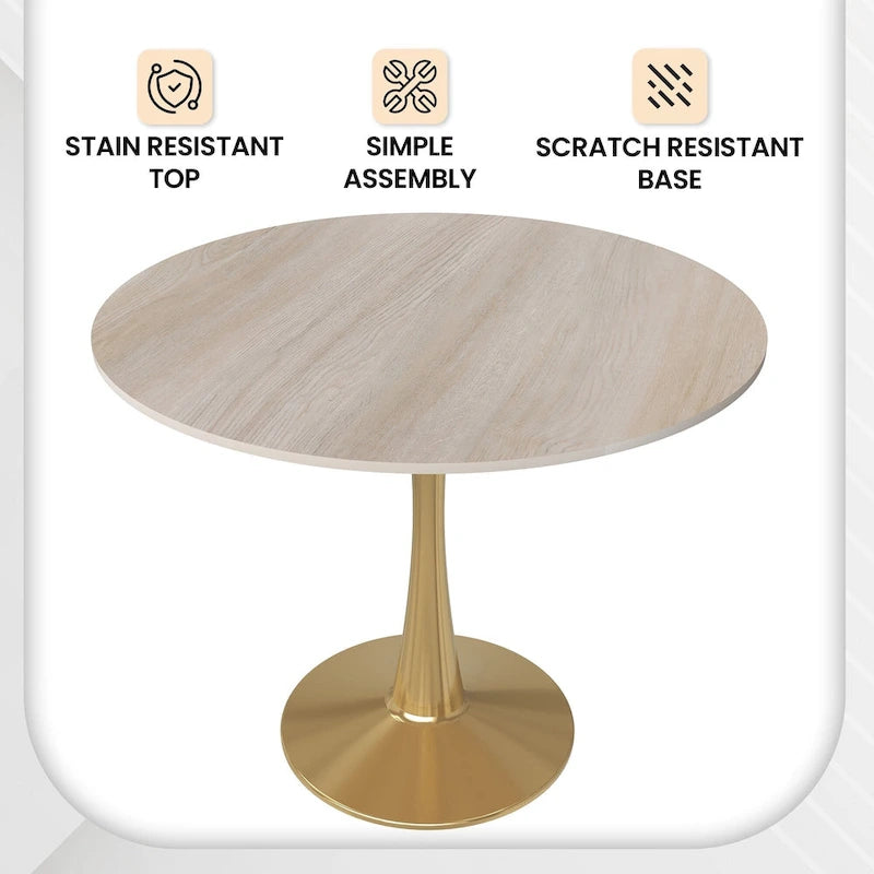 Table à manger ronde de 35" pour 4 personnes avec plateau en MDF et base en acier doré, pour cuisine et salle à manger