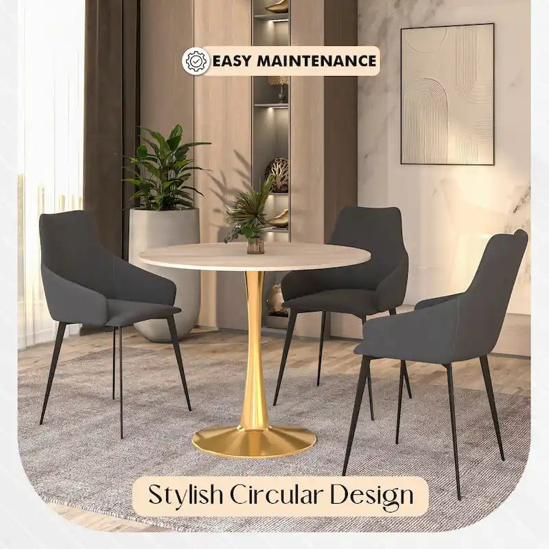 Table à manger ronde de 35" pour 4 personnes avec plateau en MDF et base en acier doré, pour cuisine et salle à manger