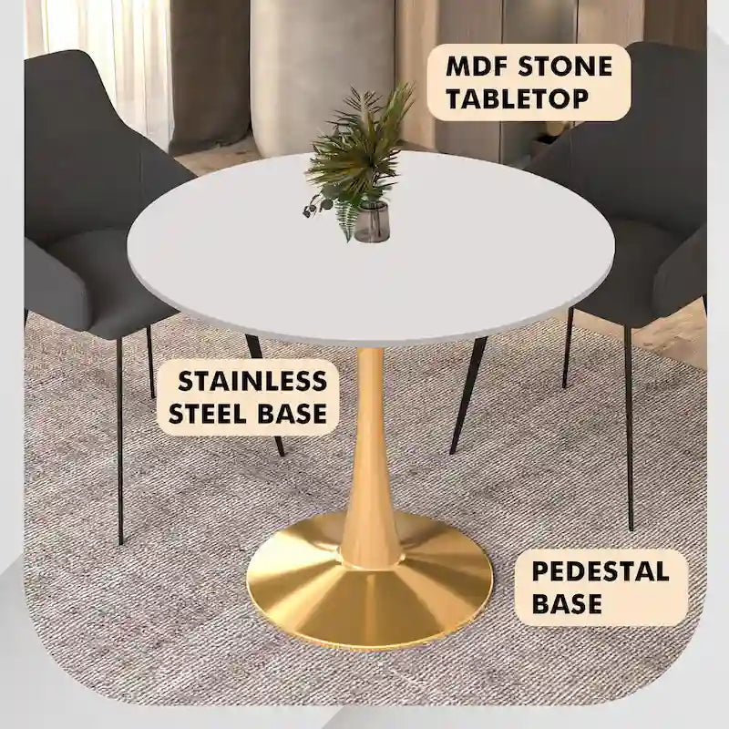 Table à manger ronde de 35" pour 4 personnes avec plateau en MDF et base en acier doré, pour cuisine et salle à manger