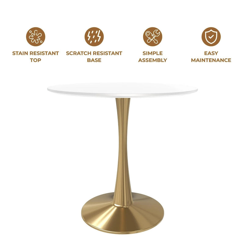 Table à manger ronde de 35" pour 4 personnes avec plateau en MDF et base en acier doré, pour cuisine et salle à manger