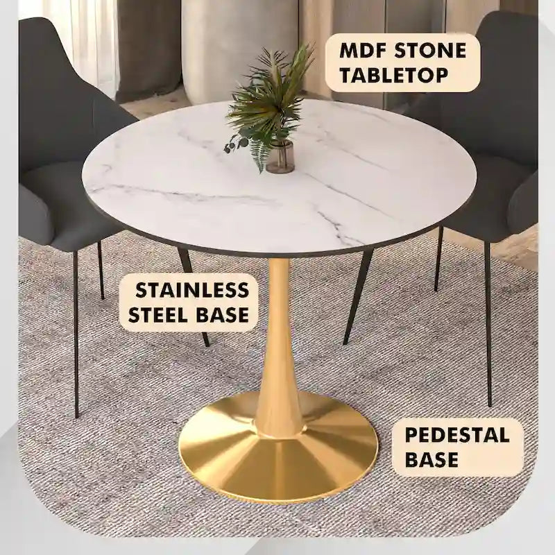 Table à manger ronde de 35" pour 4 personnes avec plateau en MDF et base en acier doré, pour cuisine et salle à manger
