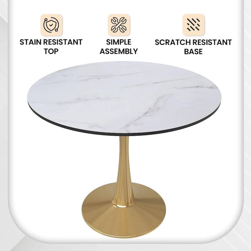 Table à manger ronde de 35" pour 4 personnes avec plateau en MDF et base en acier doré, pour cuisine et salle à manger