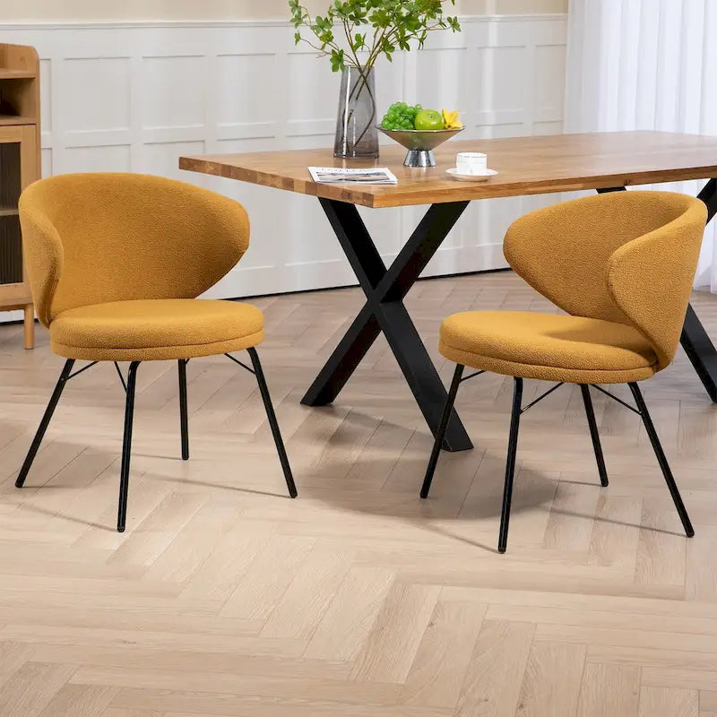 Lot de 2 chaises de salle à manger en tissu bouclette orange avec pieds en fer noir