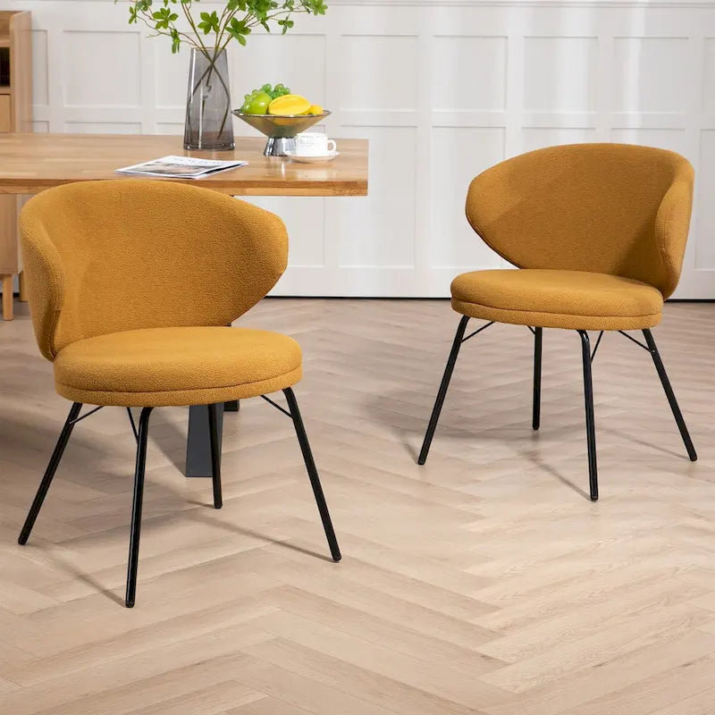 Lot de 2 chaises de salle à manger en tissu bouclette orange avec pieds en fer noir